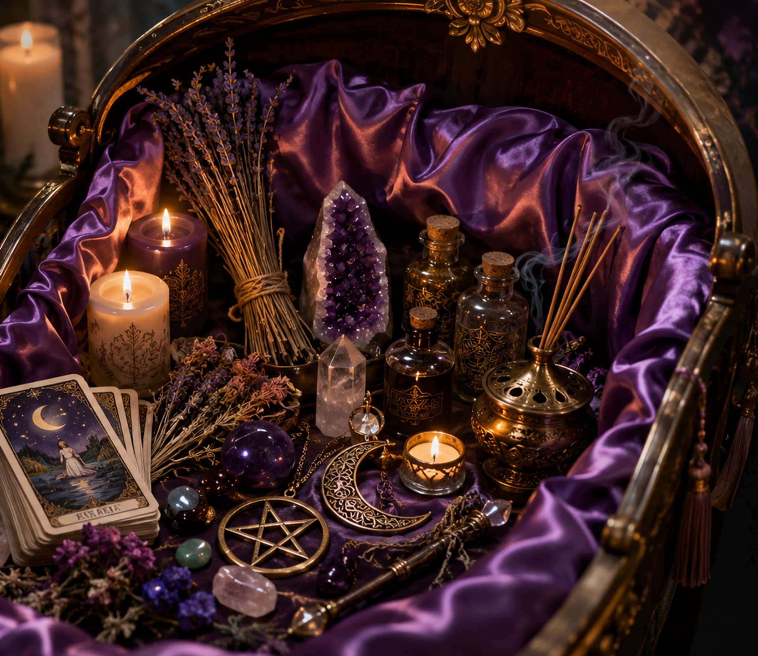 Candles, crystals, incense, bottles and a tarot deck arranged in a satin-lined cradle